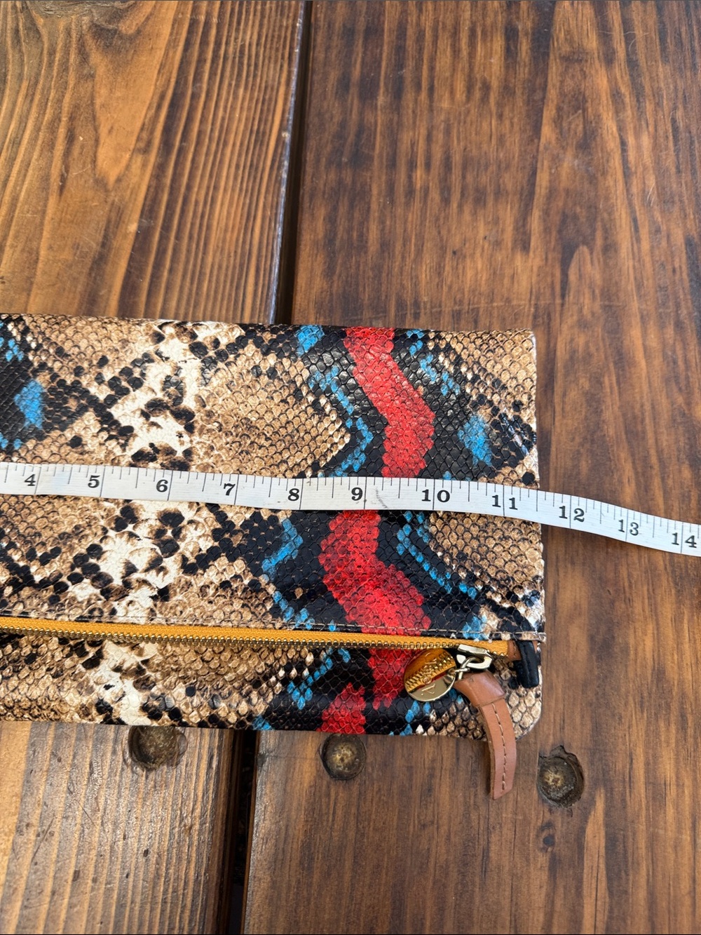 Clare V Snake-Print Foldover Clutch Wallet in Red, Blue and Tan. Like new. - Picture 5 of 6